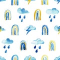 Seamless pattern of hand made watercolor rainbows and clouds. PolkaDot background with cute watercolor elements for design, nurser